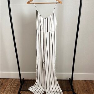 Lush Black and White Pinstripe Jumpsuit with Plunging V-Neck